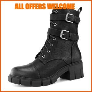 Women's Combat Boots Side Zipper Buckle Chunky Heel Ankle Booties